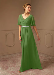 Augday A-Line V-Neck Pleated Chiffon Dress