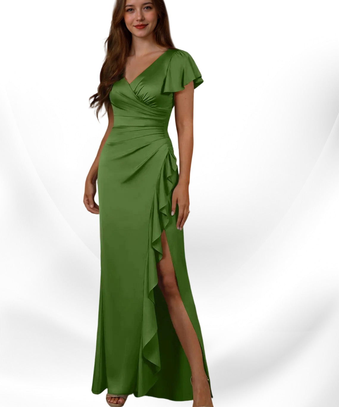 Augday Roya Mermaid V-Neck Pleated Stretch Satin
