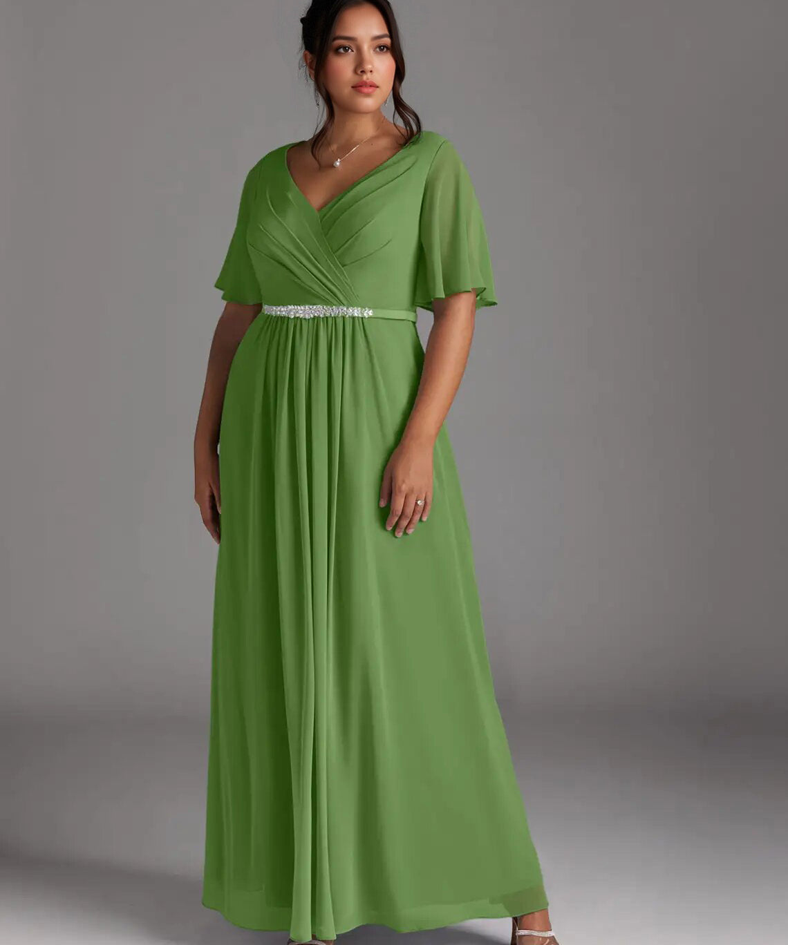 Augday A-Line V-Neck Pleated Chiffon Dress Plus Size