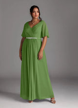 Augday A-Line V-Neck Pleated Chiffon Dress Plus Size