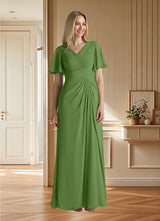 Augday Morning Glory A-Line V-Neck Ruched Chiffon Dress