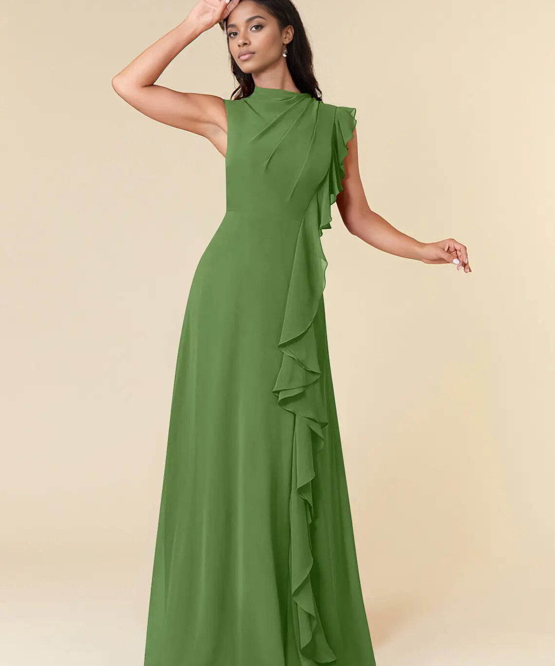 Augday A-Line High Neckline Pleated Chiffon Dress