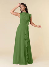 Augday A-Line High Neckline Pleated Chiffon Dress