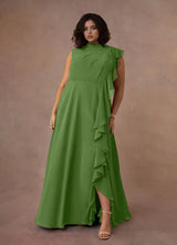 Augday A-Line High Neckline Pleated Chiffon Dress Plus Size