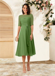 Augday Naomi A-Line Boatneck Pleated Chiffon Dress