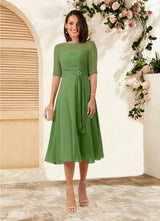 Augday Naomi A-Line Boatneck Pleated Chiffon Dress