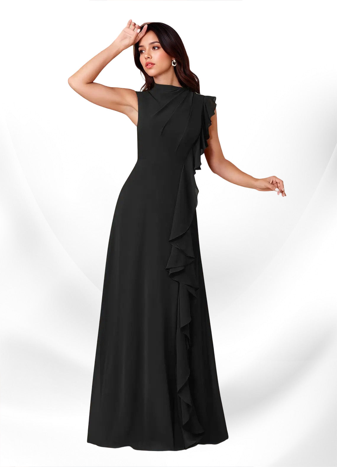 Augday Narine A-Line High Neckline Pleated Chiffon Dress