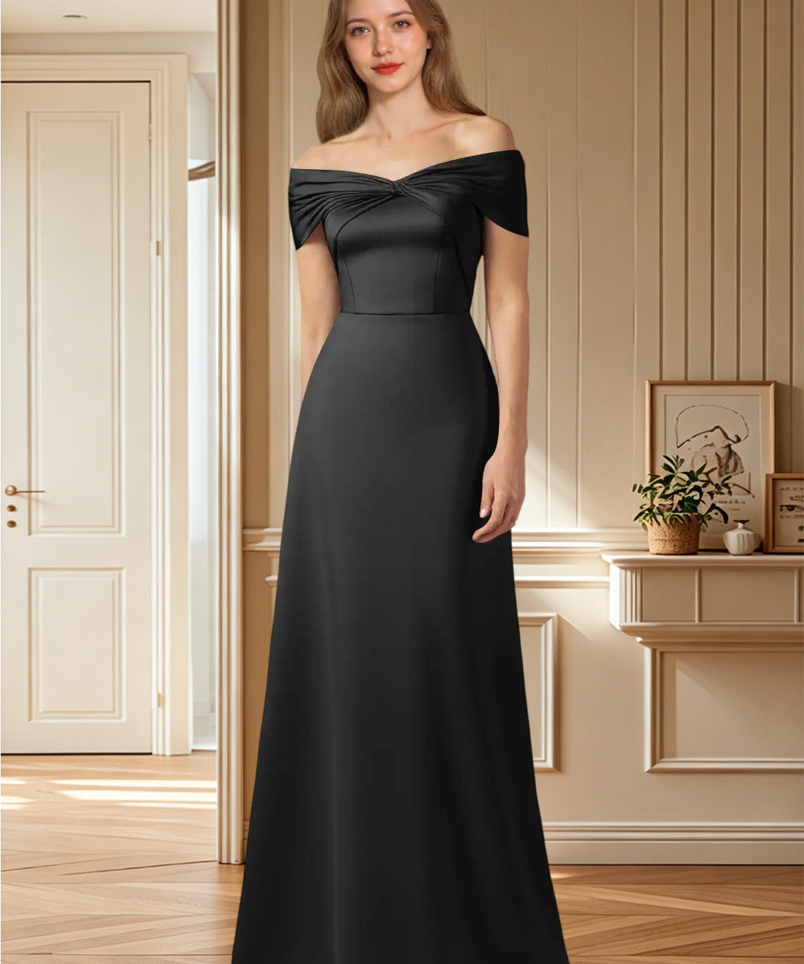Augday Amelia A-Line Off the Shoulder Stretch Satin Dress
