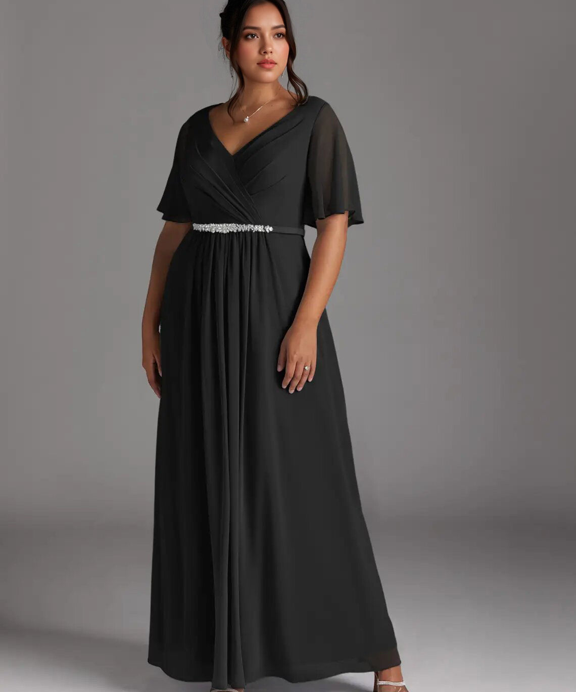 Augday A-Line V-Neck Pleated Chiffon Dress Plus Size