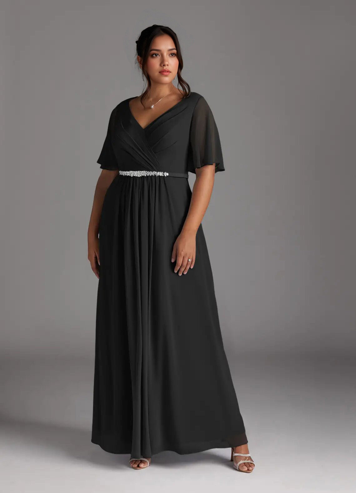 Augday A-Line V-Neck Pleated Chiffon Dress Plus Size