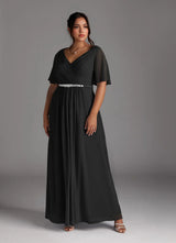 Augday A-Line V-Neck Pleated Chiffon Dress Plus Size