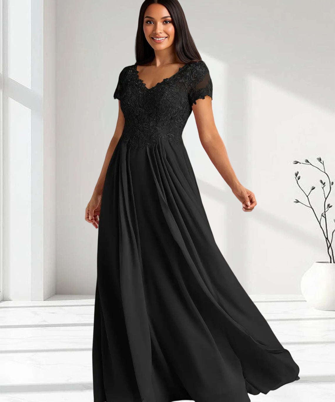 Augday Dunja A-Line V-Neck Lace Chiffon Dress