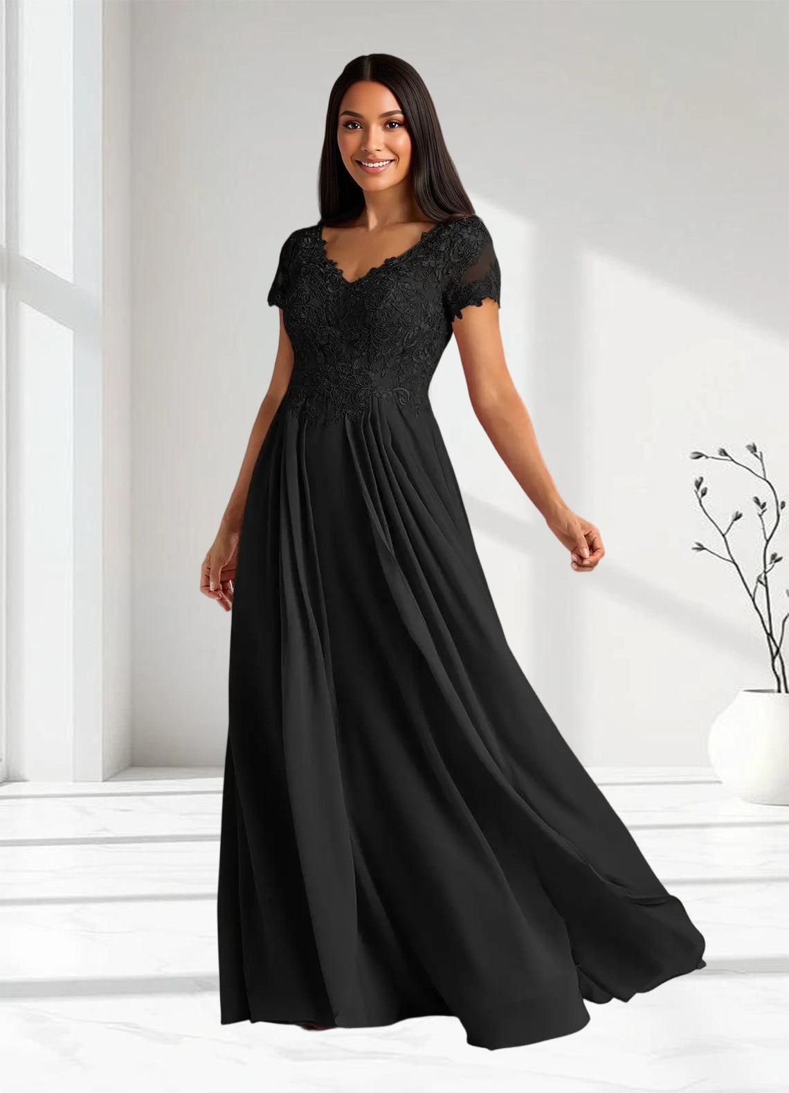Augday Dunja A-Line V-Neck Lace Chiffon Dress