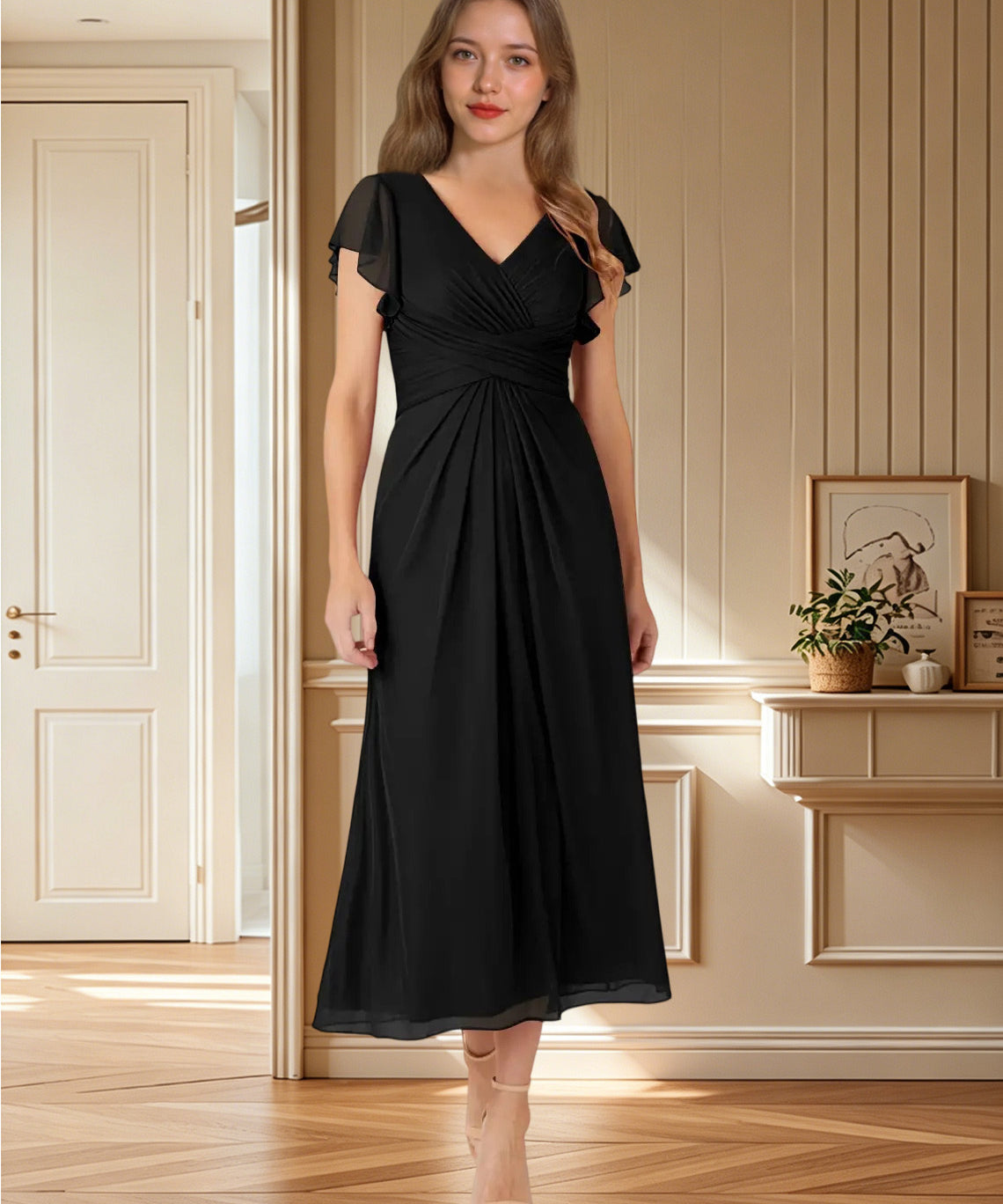 Augday Vera A-Line V-Neck Pleated Mesh Dress