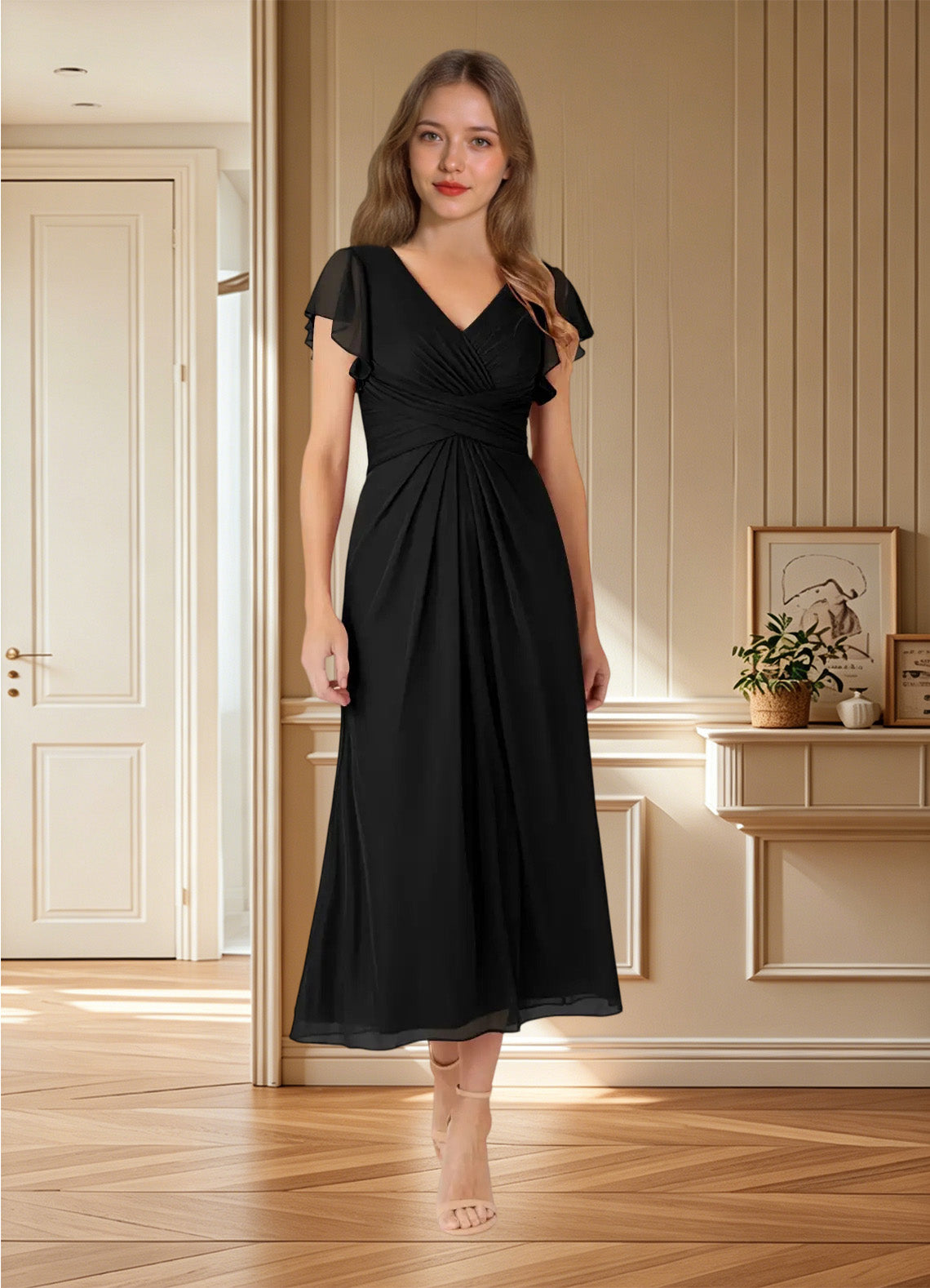 Augday Vera A-Line V-Neck Pleated Mesh Dress