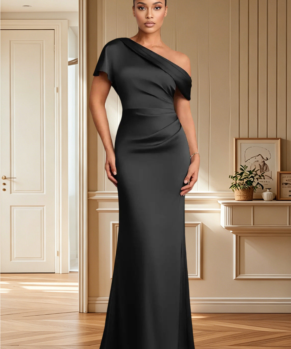 Augday Rutha Sheath One Shoulder Stretch Satin Dress