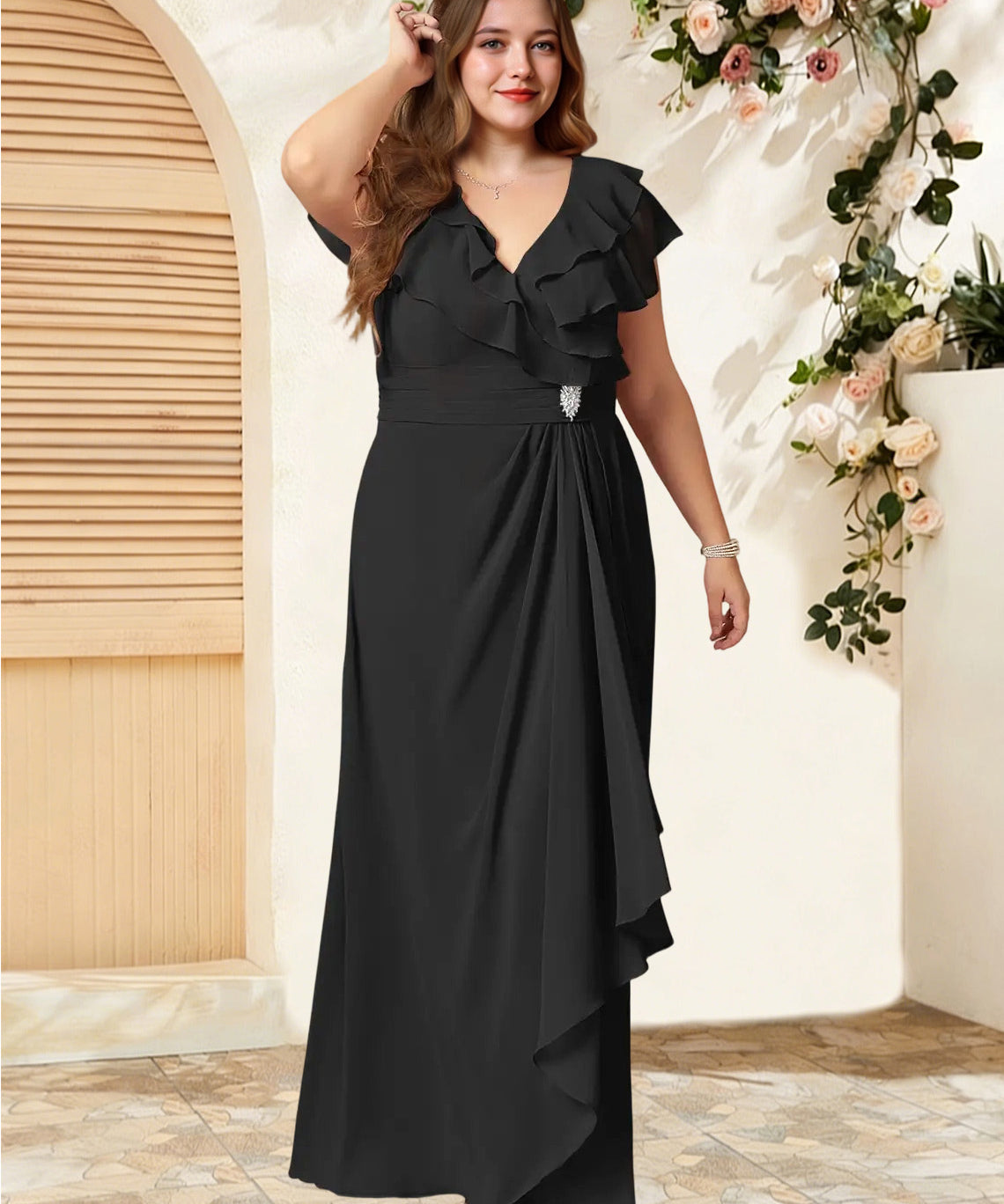 Augday Snapdragon A-Line V-Neck Ruched Chiffon Dress
