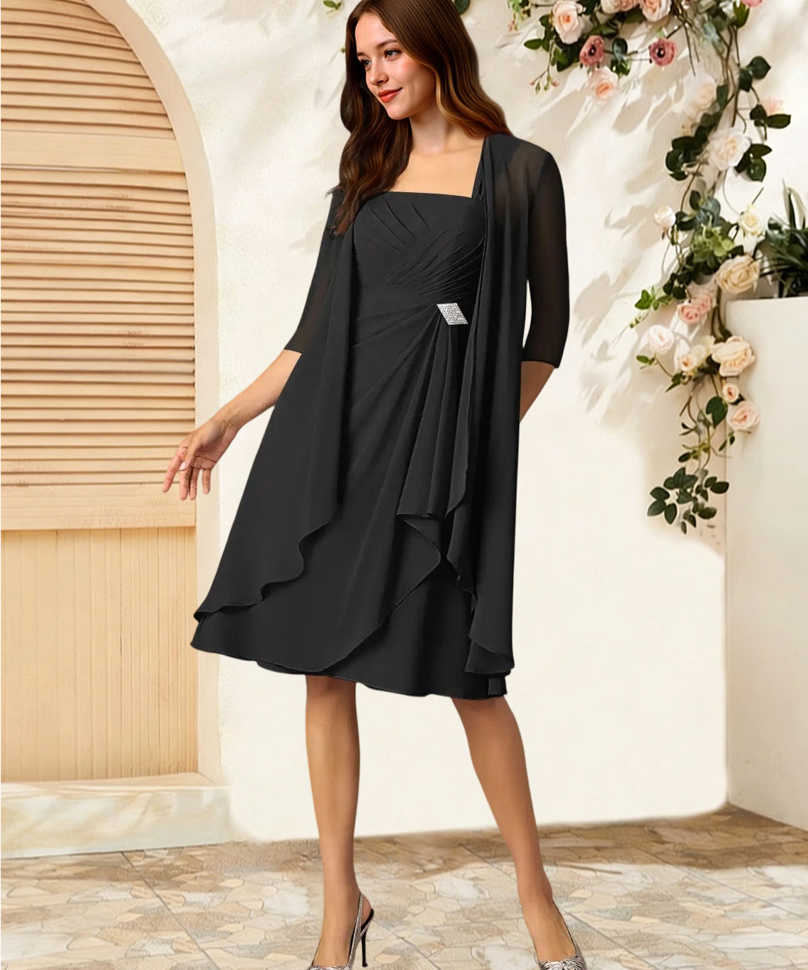 Augday Olivia A-Line Square Neckline Pleated Chiffon Dress