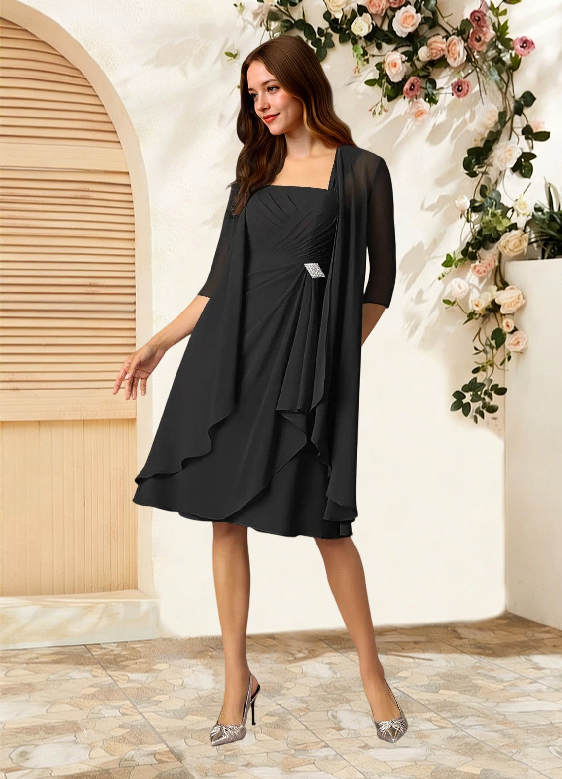 Augday Olivia A-Line Square Neckline Pleated Chiffon Dress