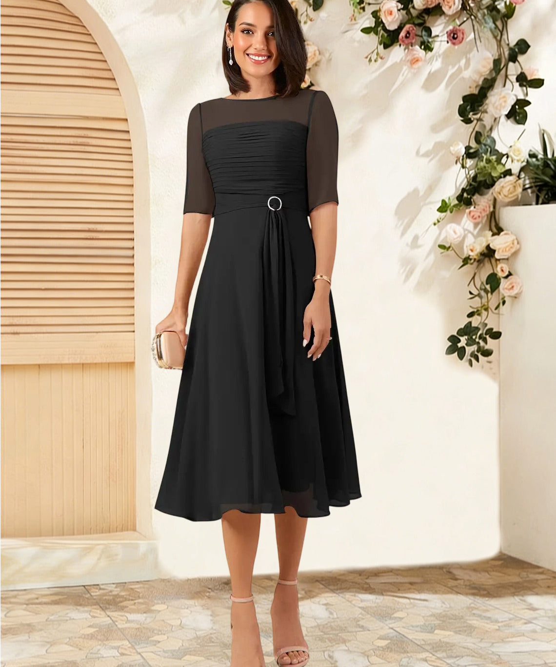 Augday Naomi A-Line Boatneck Pleated Chiffon Dress