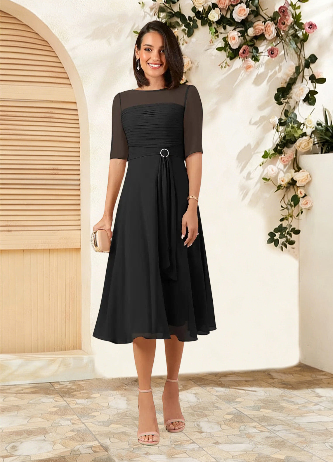Augday Naomi A-Line Boatneck Pleated Chiffon Dress
