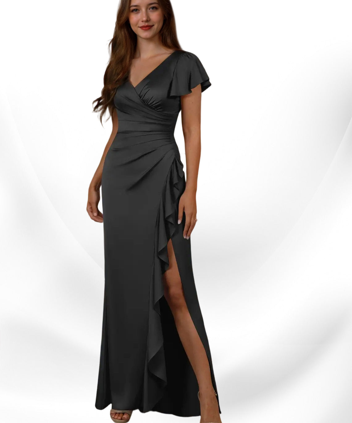Augday Roya Mermaid V-Neck Pleated Stretch Satin