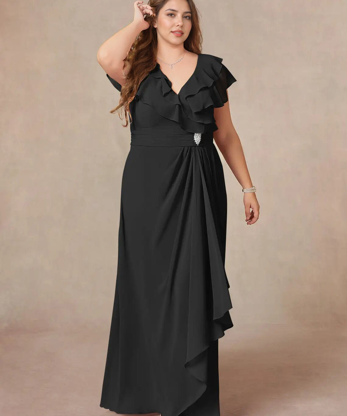 Augday A-Line V-Neck Ruched Chiffon Dress Plus Size