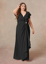 Augday A-Line V-Neck Ruched Chiffon Dress Plus Size
