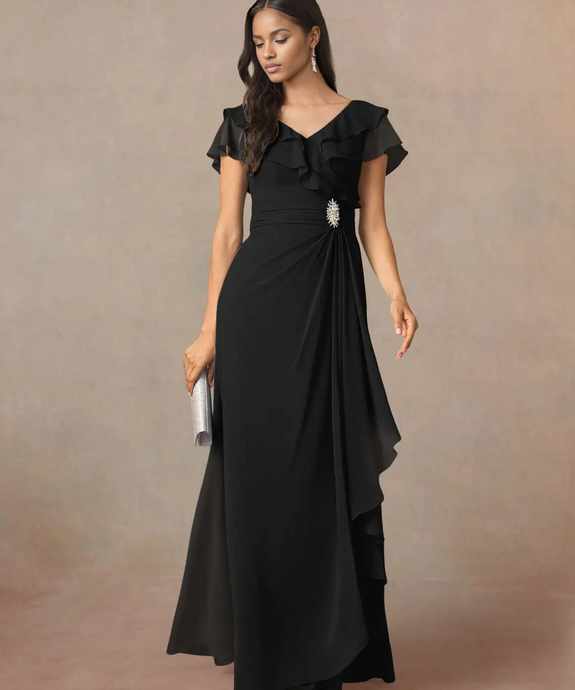 Augday A-Line V-Neck Ruched Chiffon Dress