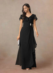 Augday A-Line V-Neck Ruched Chiffon Dress