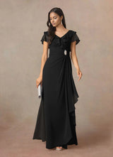 Augday A-Line V-Neck Ruched Chiffon Dress