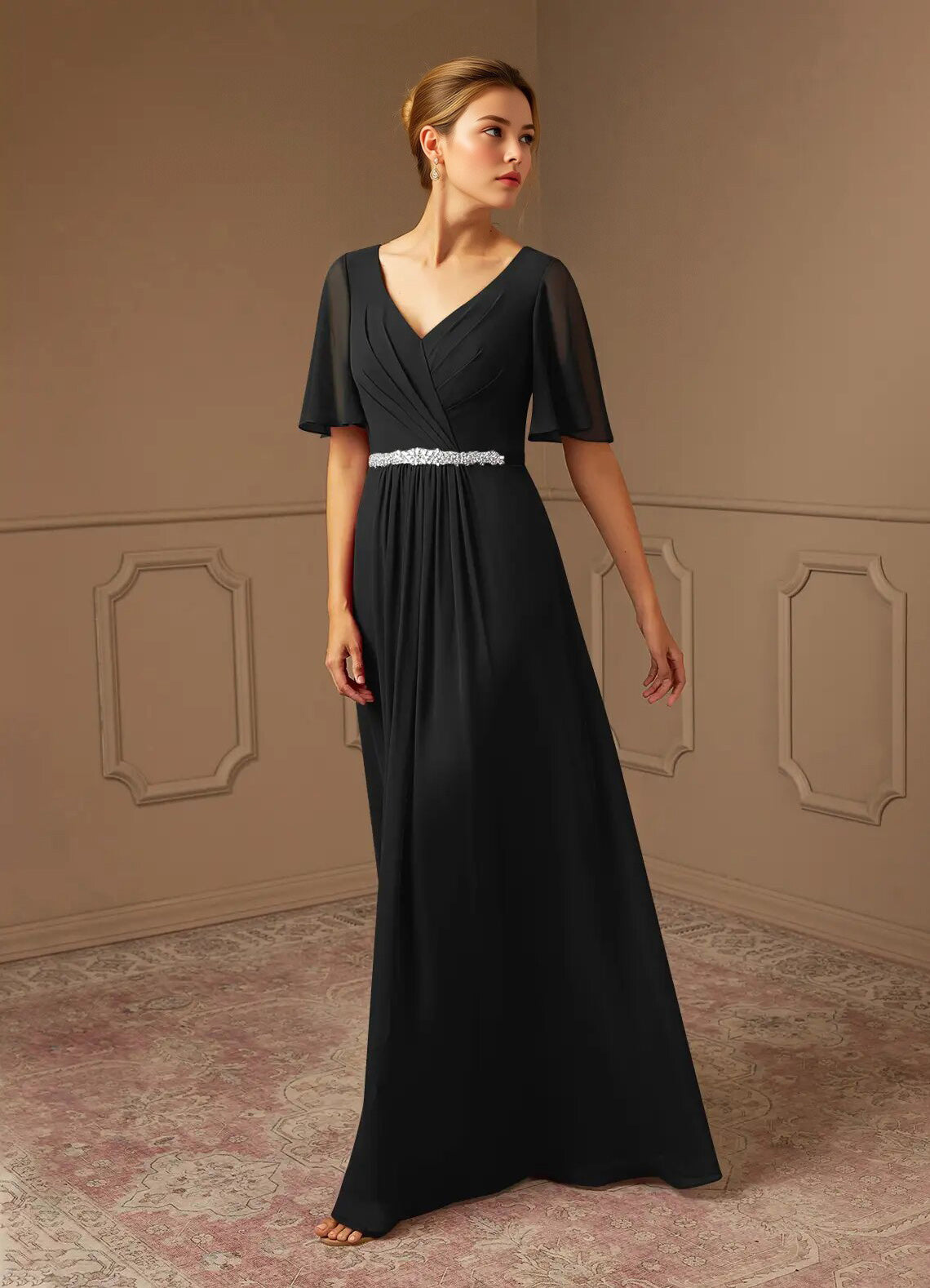 Augday A-Line V-Neck Pleated Chiffon Dress