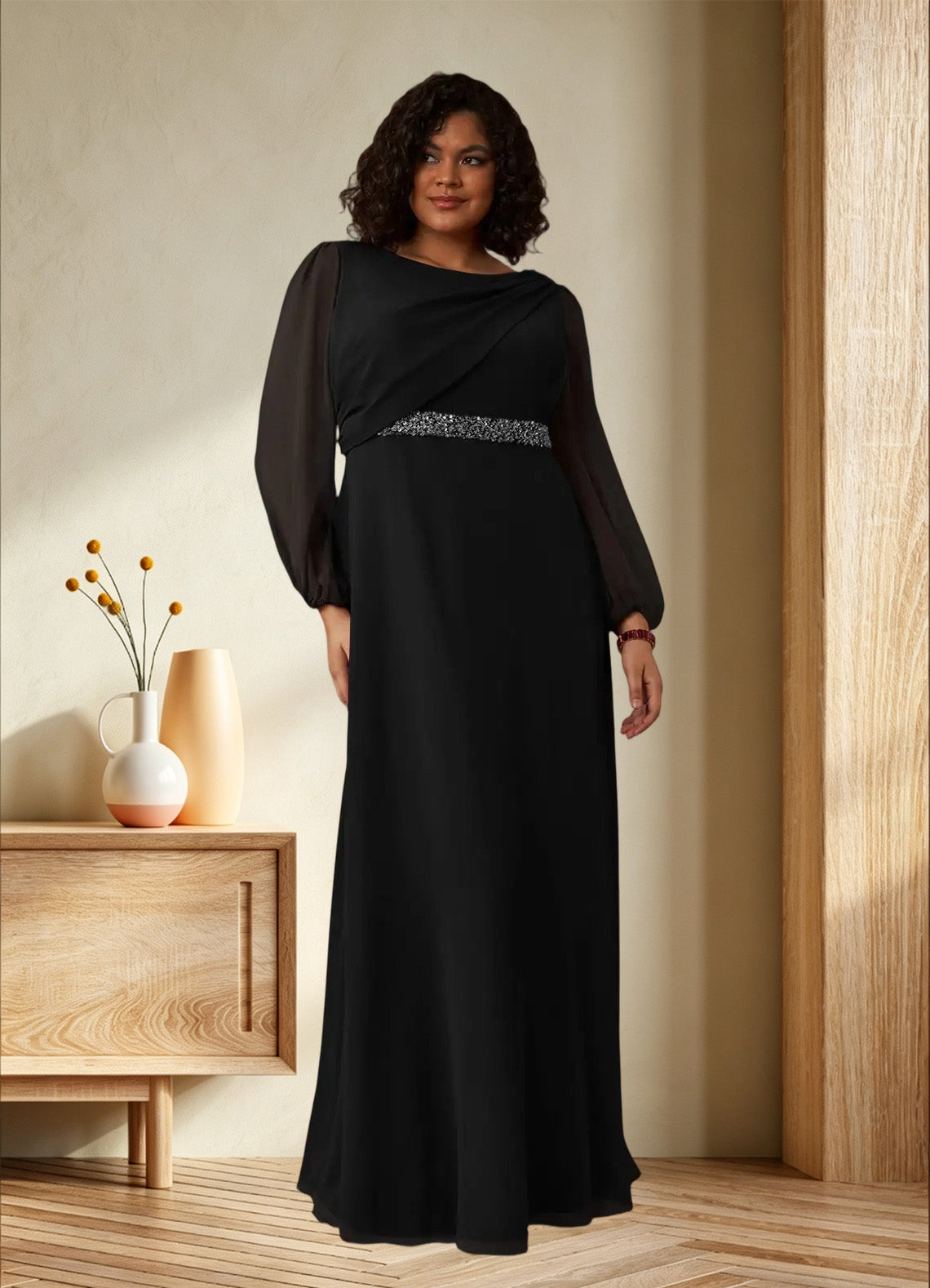 Augday Priyanka A-Line Boatneck Pleated Chiffon Dress