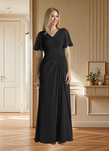Augday Morning Glory A-Line V-Neck Ruched Chiffon Dress