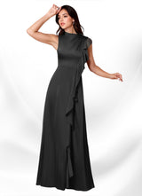 Augday Narine A-Line High Neckline Pleated Stretch Satin Dress
