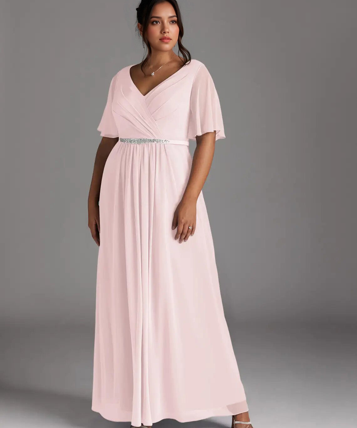 Augday A-Line V-Neck Pleated Chiffon Dress Plus Size