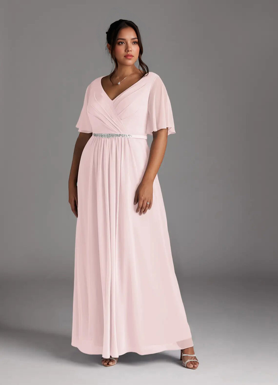Augday A-Line V-Neck Pleated Chiffon Dress Plus Size