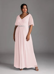 Augday A-Line V-Neck Pleated Chiffon Dress Plus Size