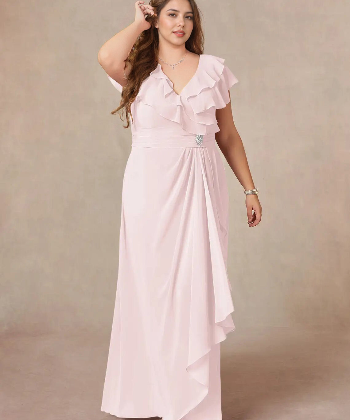 Augday A-Line V-Neck Ruched Chiffon Dress Plus Size
