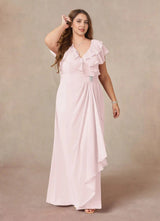 Augday A-Line V-Neck Ruched Chiffon Dress Plus Size