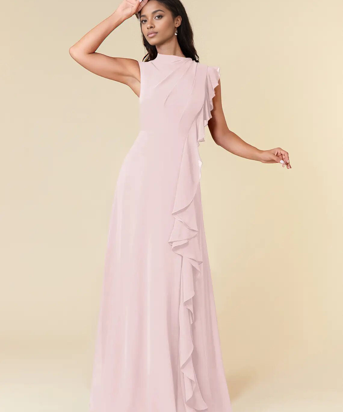 Augday A-Line High Neckline Pleated Chiffon Dress