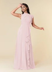 Augday A-Line High Neckline Pleated Chiffon Dress