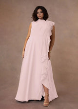 Augday A-Line High Neckline Pleated Chiffon Dress Plus Size