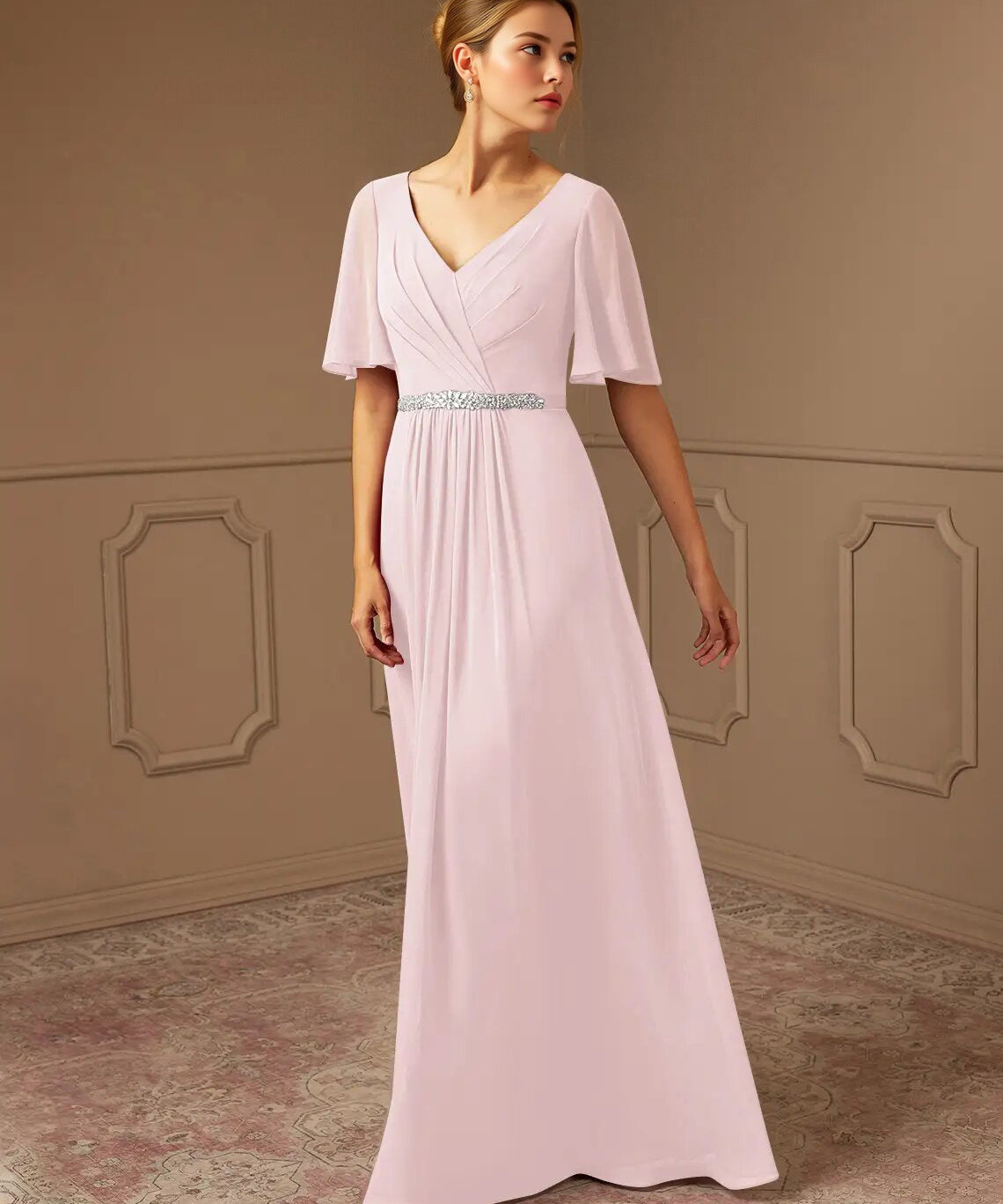 Augday A-Line V-Neck Pleated Chiffon Dress