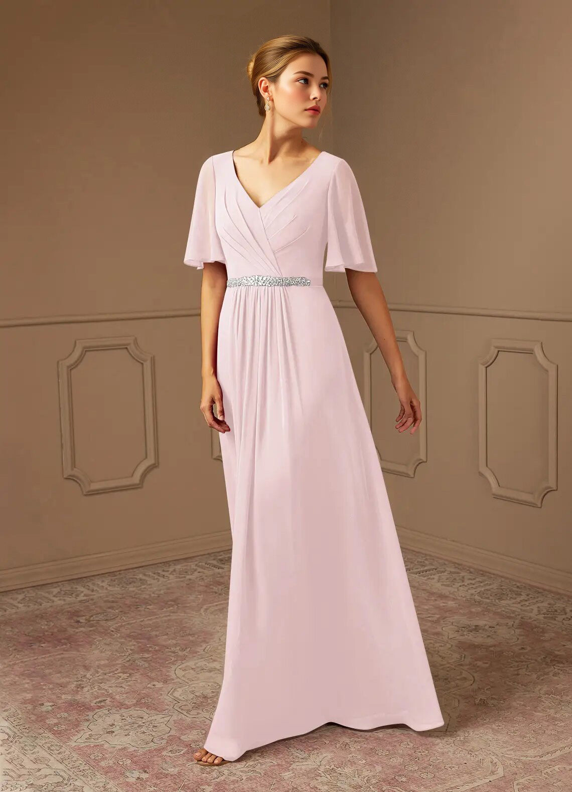 Augday A-Line V-Neck Pleated Chiffon Dress
