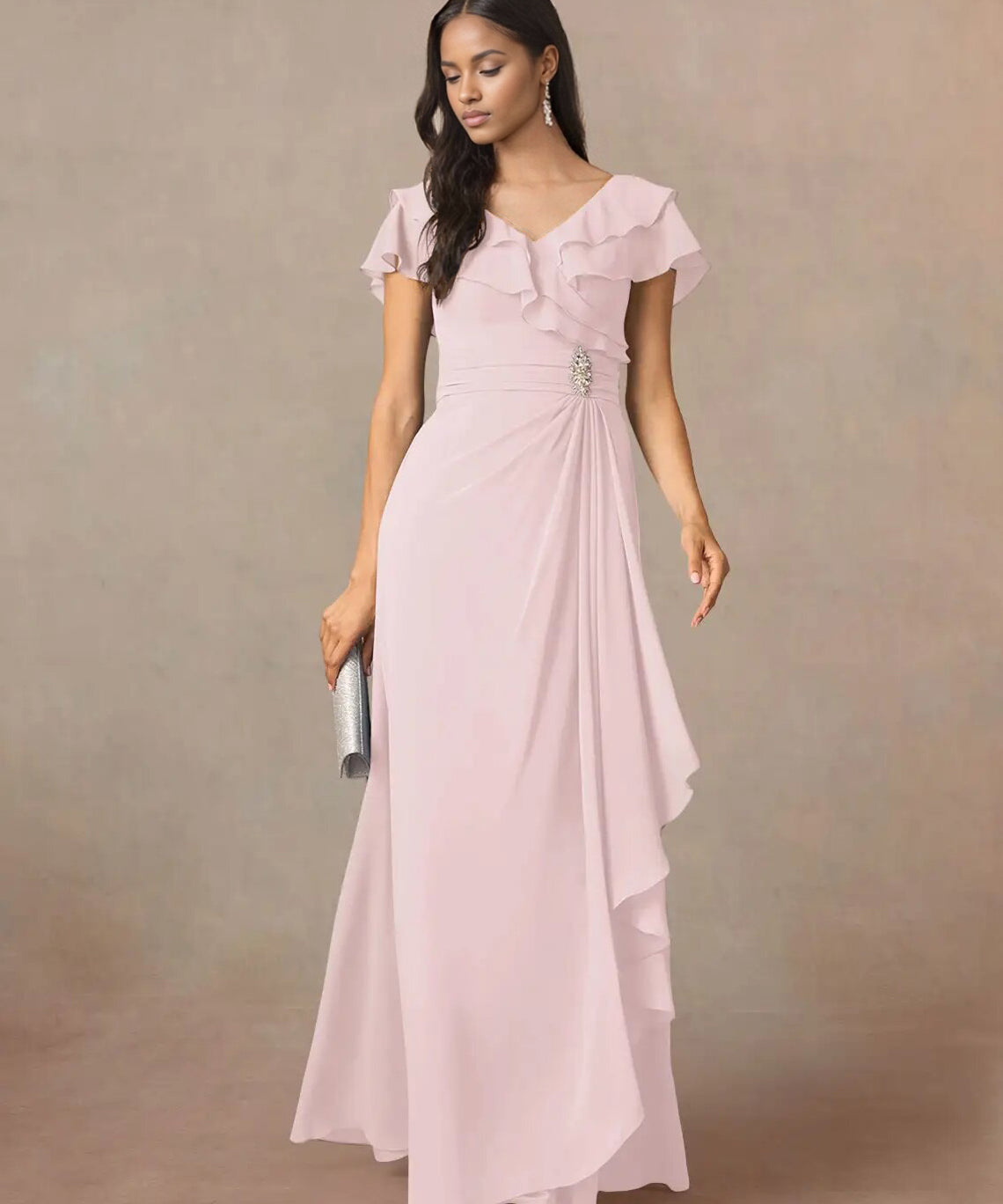 Augday A-Line V-Neck Ruched Chiffon Dress