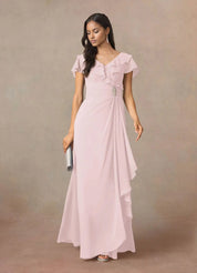 Augday A-Line V-Neck Ruched Chiffon Dress