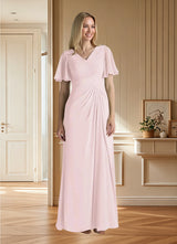 Augday Morning Glory A-Line V-Neck Ruched Chiffon Dress