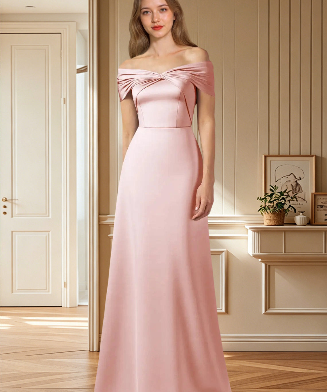 Augday Amelia A-Line Off the Shoulder Stretch Satin Dress