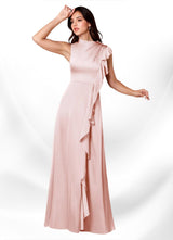 Augday Narine A-Line High Neckline Pleated Stretch Satin Dress